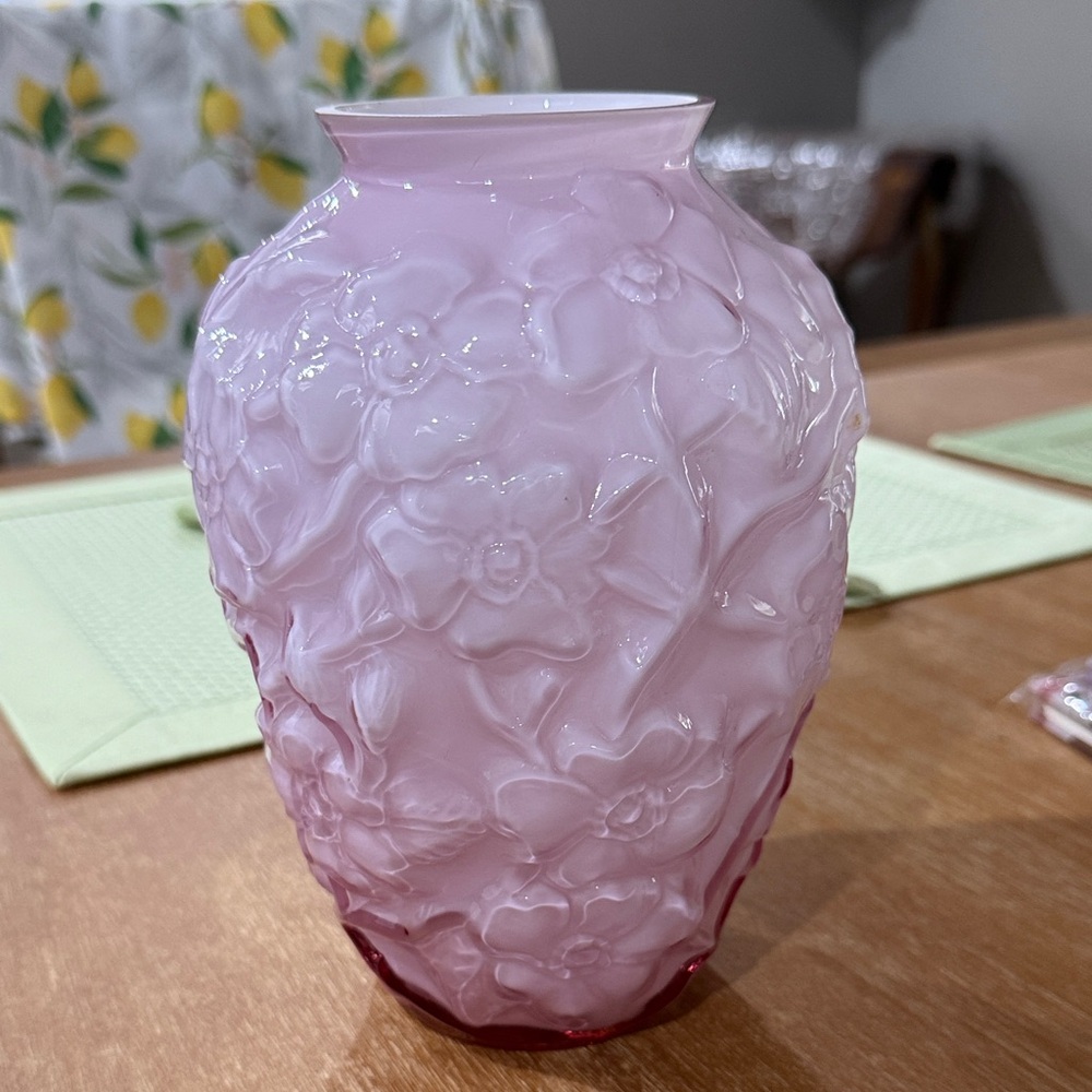 Fenton Dogwood  Pink Floral Embossed Glass Vase with Raised Blossom Design